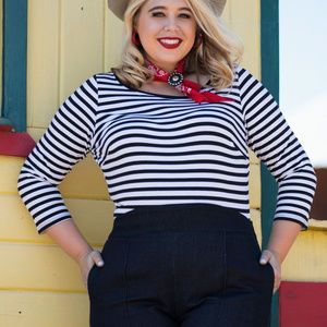 Pinup Couture Boatneck Top in Black & White Stripe